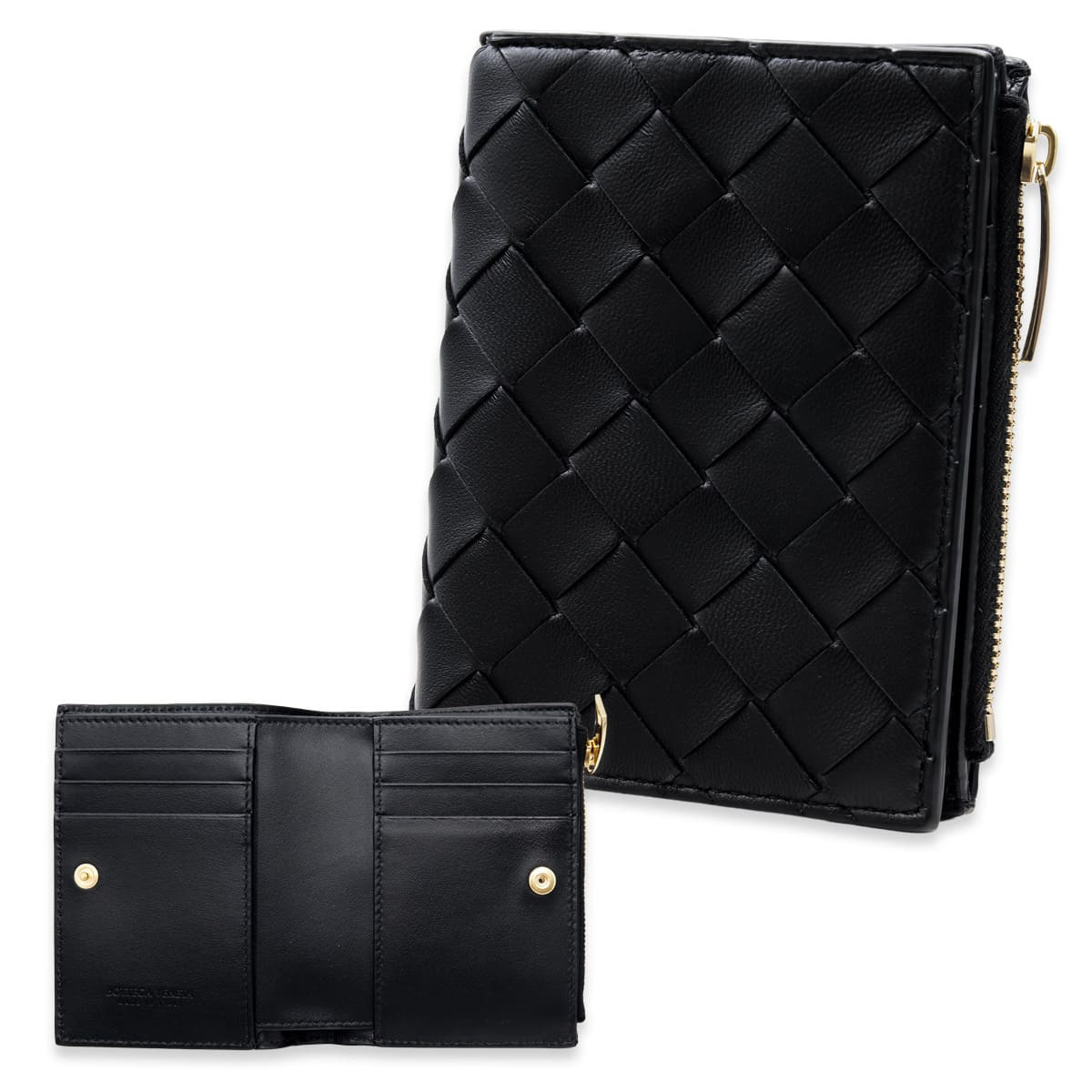 ボッテガヴェネタ BOTTEGA VENETA 二つ折り財布 レディース メンズ イントレチャート 本革 レザー ブラック 黒 ミニ財布 小銭入れ付き ファスナー コインケース 742330 V3UH2 8425