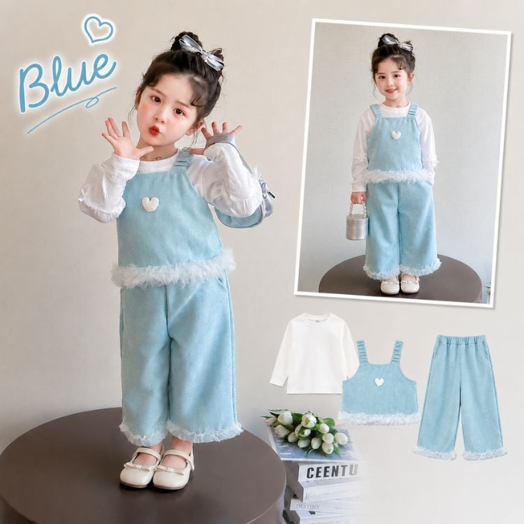 キッズ セットアップ 3点セット 女の子 子供服 長袖Tシャツ キャミソールトップス ワイドパンツ フリル ハート 春 秋 冬 おしゃれ 可愛い 姉妹コーデ お揃い 90 100 110 120 130 140cm