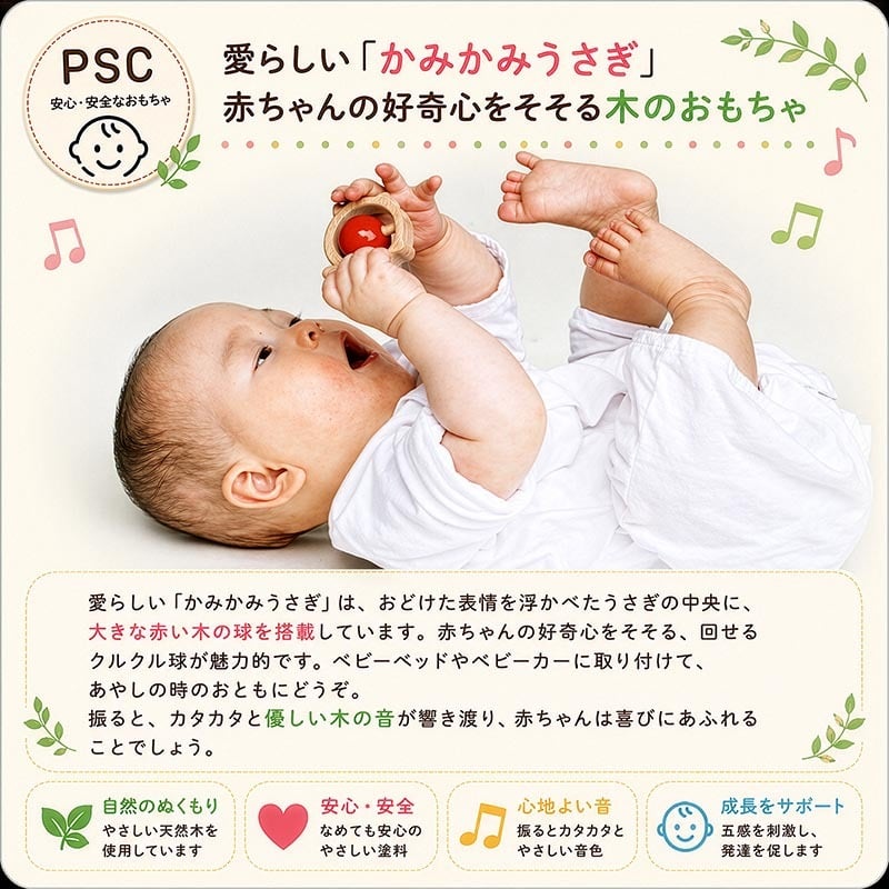 [日本製安心おもちゃ]●かみかみうさぎ　日本グッド・トイ受賞おもちゃ おしゃぶり はがため 歯がため 赤ちゃん おもちゃ 木のおもちゃ 日本製 出産祝いにお薦め がらがら カタカタ 男の子＆女の子 3ヶ月 4ヶ月 5ヶ月 6ヶ月 7ヶ月 8ヶ月 9ヶ月 10ヶ月 1歳 誕生日 誕生祝い ベビー 木育 ]