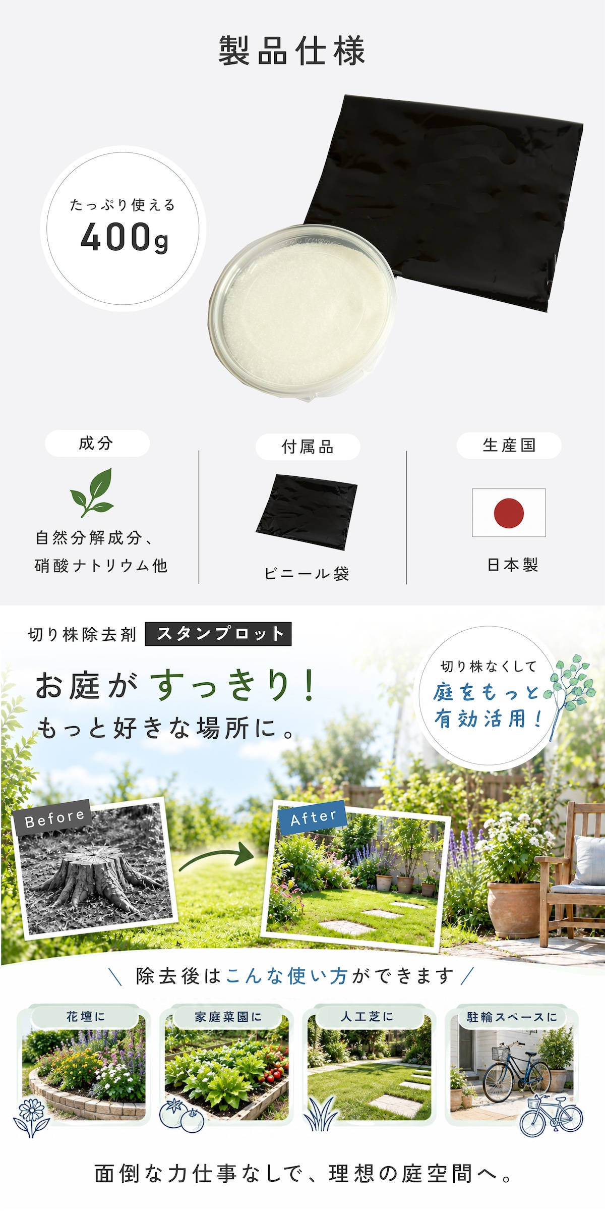 切り株処理剤 スタンプロット 400g 単品 2個セット 切り株の処理 切り株除去 繊維分解 ガーデニング 庭 手入れ 庭木 樹木 根株 木の根 除去 顆粒タイプ 水に溶ける 庭のお手入れ 枯れ木処理 園芸用品 伐採後 処理 切株処理 抜根補助 日本製