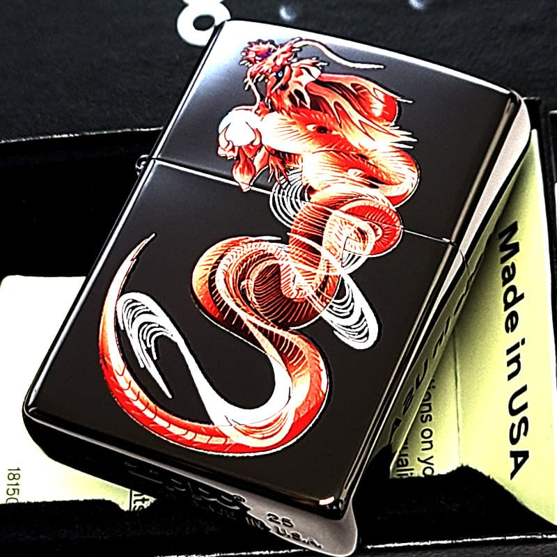 ZIPPO ライター 赤龍 ドラゴン ジッポ 和柄 かっこいい ブラックニッケル レッド おしゃれ 和風 竜 黒 赤 お守り メンズ ギフト プレゼント