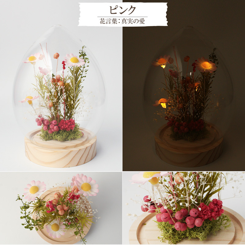 名入れ LEDフラワー マーガレット ガラスドーム タマゴ型 フラワーギフト 花ギフト 間接照明 インテリア プレゼント 誕生日 記念日 母の日 お祝い 女性