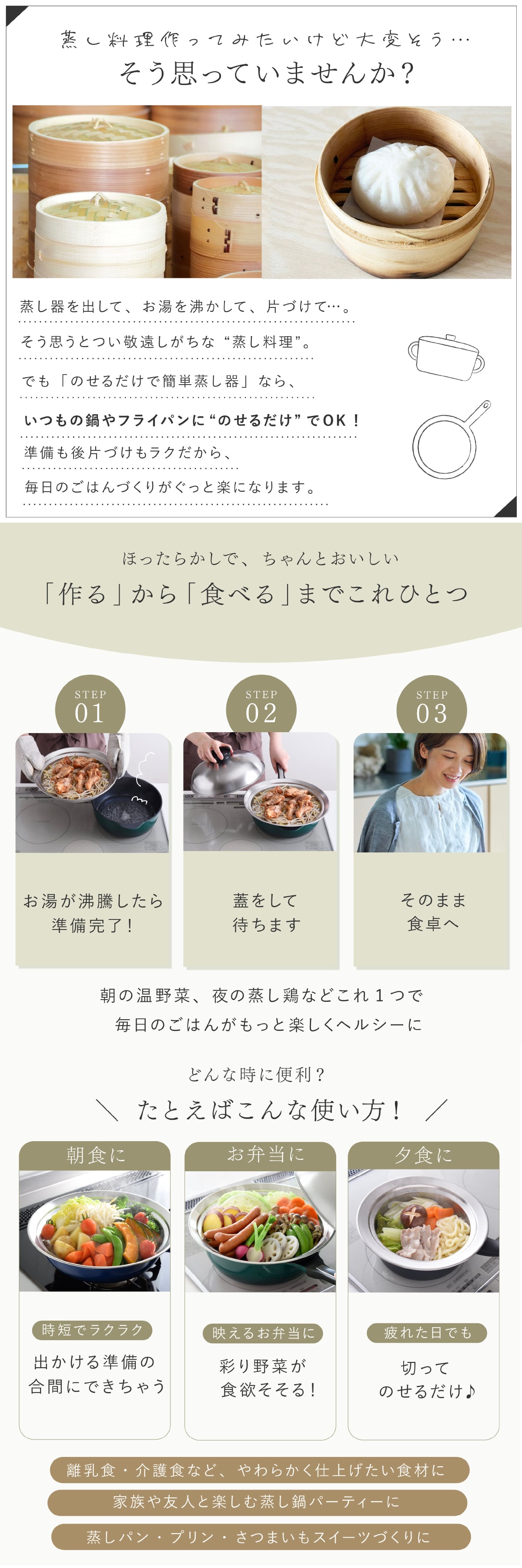 蒸し器 のせるだけで簡単蒸し器 24～26cm 燕三条 日本製 ステンレス 蒸しプレート 蒸しざる フライパン用蒸し器 鍋用蒸し器 フライパンにのせるだけ 蒸し料理 温野菜 蒸し野菜 蒸し鶏 蒸し魚 しゅうまい ヘルシー調理 3～4人 家族 ファミリー まとめ調理 受け皿 2WAY 食洗機対応 レシピ付き キッチン用品 調理器具 新生活 結婚祝い プレゼント ギフト