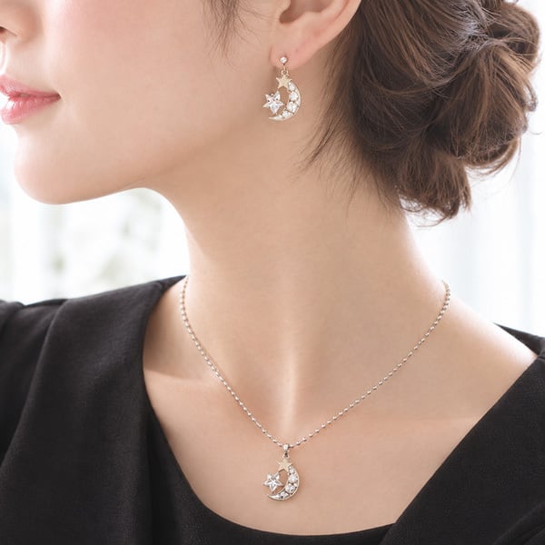 【キラキラビジュー月とクリスタルスター一粒ピアス/イヤリング☆日本製】結婚式/ウエディングパーティアクセ/クリスマス