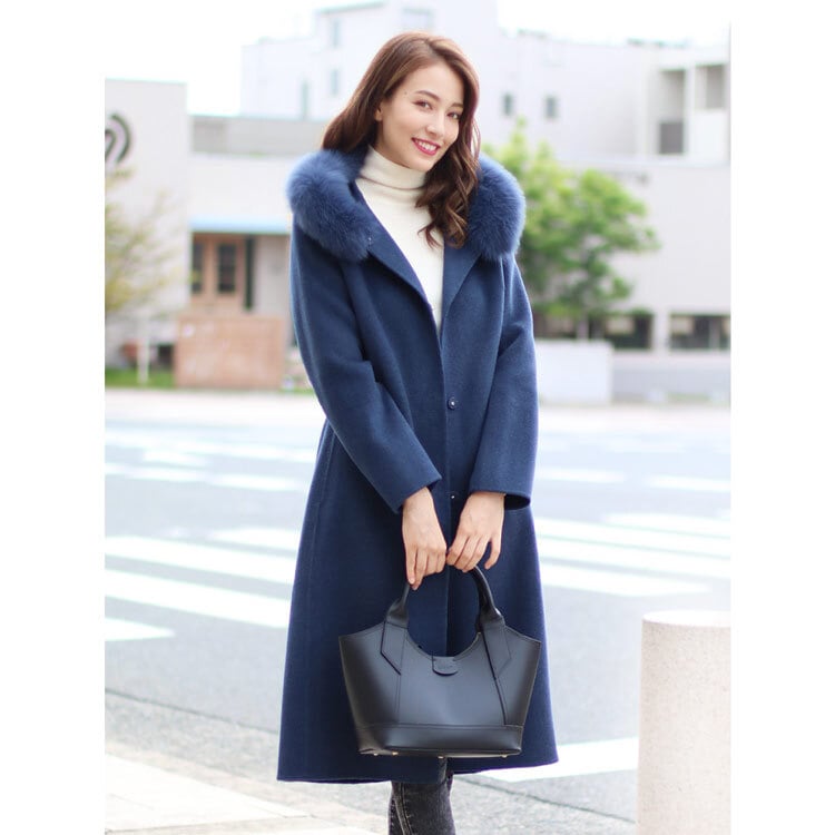 カシミヤ ブレンド ウール ロング コート ダブルフェイス フォックス ファー付き 110cm 比翼 一枚仕立て アウター フード付き ネイビー/ライトグレー/ブラック/9号/11号/13号 Filomo (02000227r)