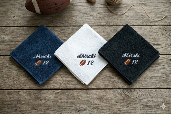 卒団記念品 アメリカンフットボール アメフト ミニタオル 刺繍名入れ 部活 卒業 今治タオル ハンドタオル タオルハンカチ 25cm オリジナル オーダーメイド メンズ レディース お名前/イニシャル 背番号 アルファベット ローマ字 退職記念品 退職祝い 【mt-21】