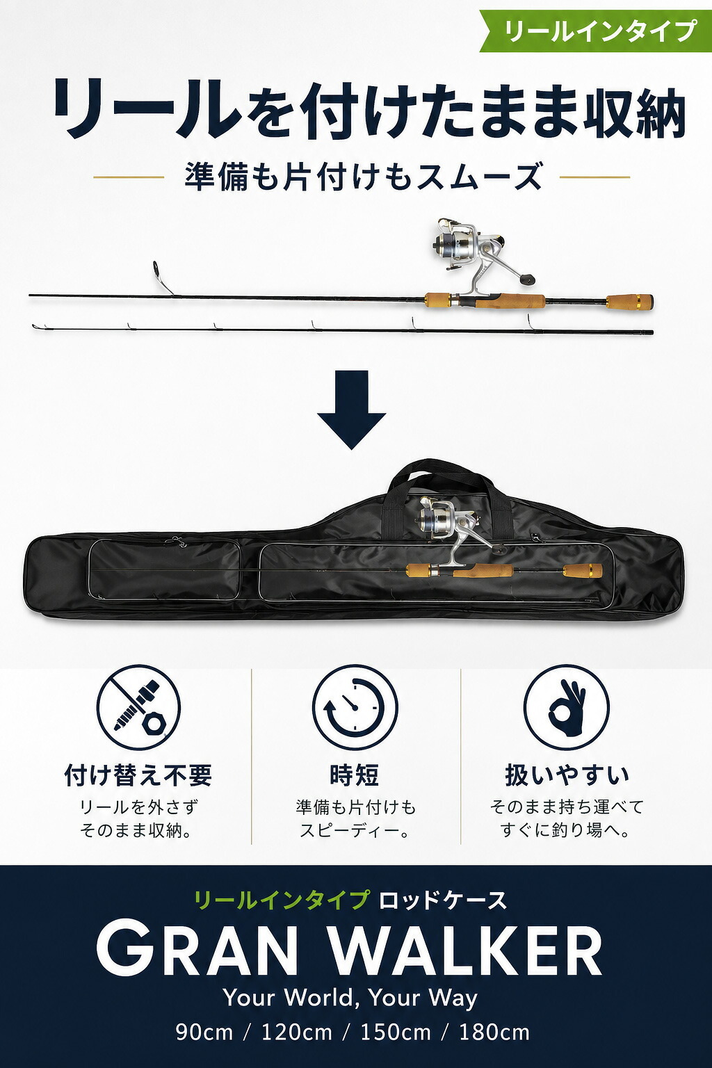Gran Walker グランウォーカー ロッドケース リールイン ソフト 90cm 120cm 150cm 180cm 肩掛け 釣竿ケース ロッドバッグ 釣り アウトドア用