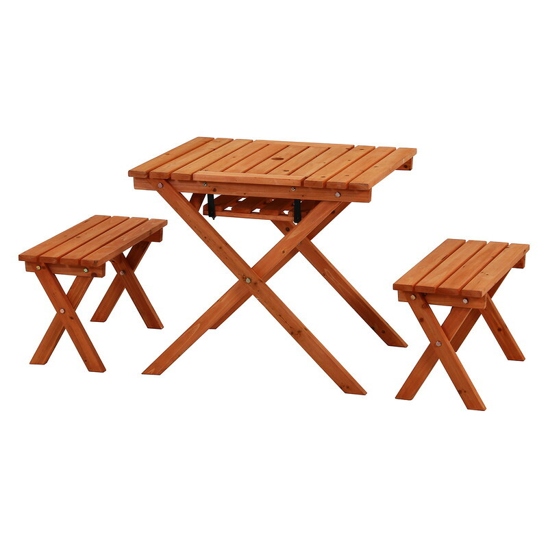 杉材BBQテーブル&ベンチセット ミニ コンロスペース付 オレンジ 1色展開 ガーデンテーブル 屋外 庭 ベランダ テラス アウトドア おしゃれ シンプル 新生活 家具 インテリア 不二貿易