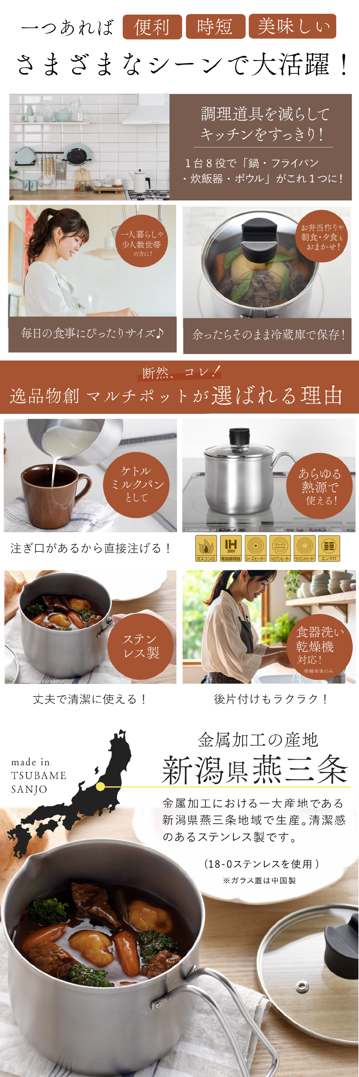 マルチポット 14cm ストレーナー付き 逸品物創 ステンレス 燕三条 日本製 2.1L 1台9役 片手鍋 湯切り 蒸し料理 揚げ物 茹でる 炊く 保存 IH対応 ガス対応 食洗機対応 ガラス蓋 多用途鍋 一人暮らし コンパクト 新生活 結婚祝い 敬老の日 ギフト