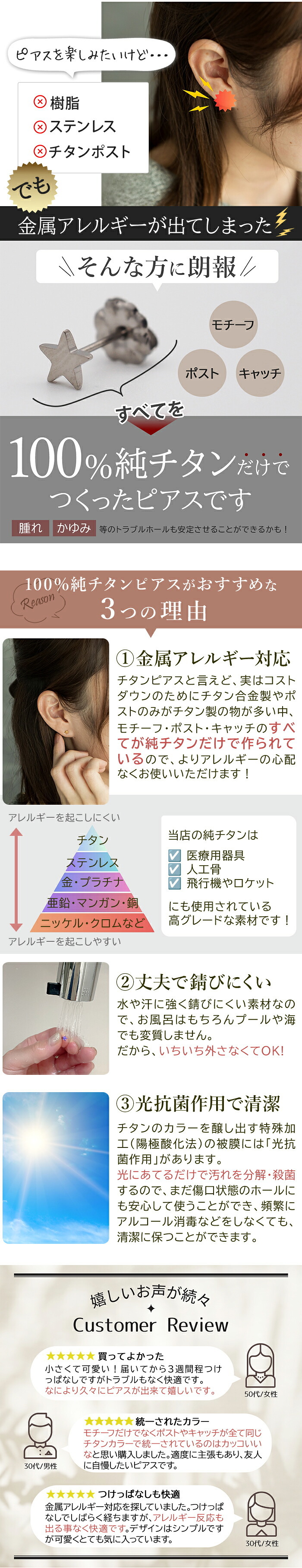 セカンドピアス 純チタン 軸太0.75mm 長さ10mm つけっぱなし 100％純チタン ピアス 星 金属アレルギー対応 返金保証 医療用 片耳 1個 耳たぶ