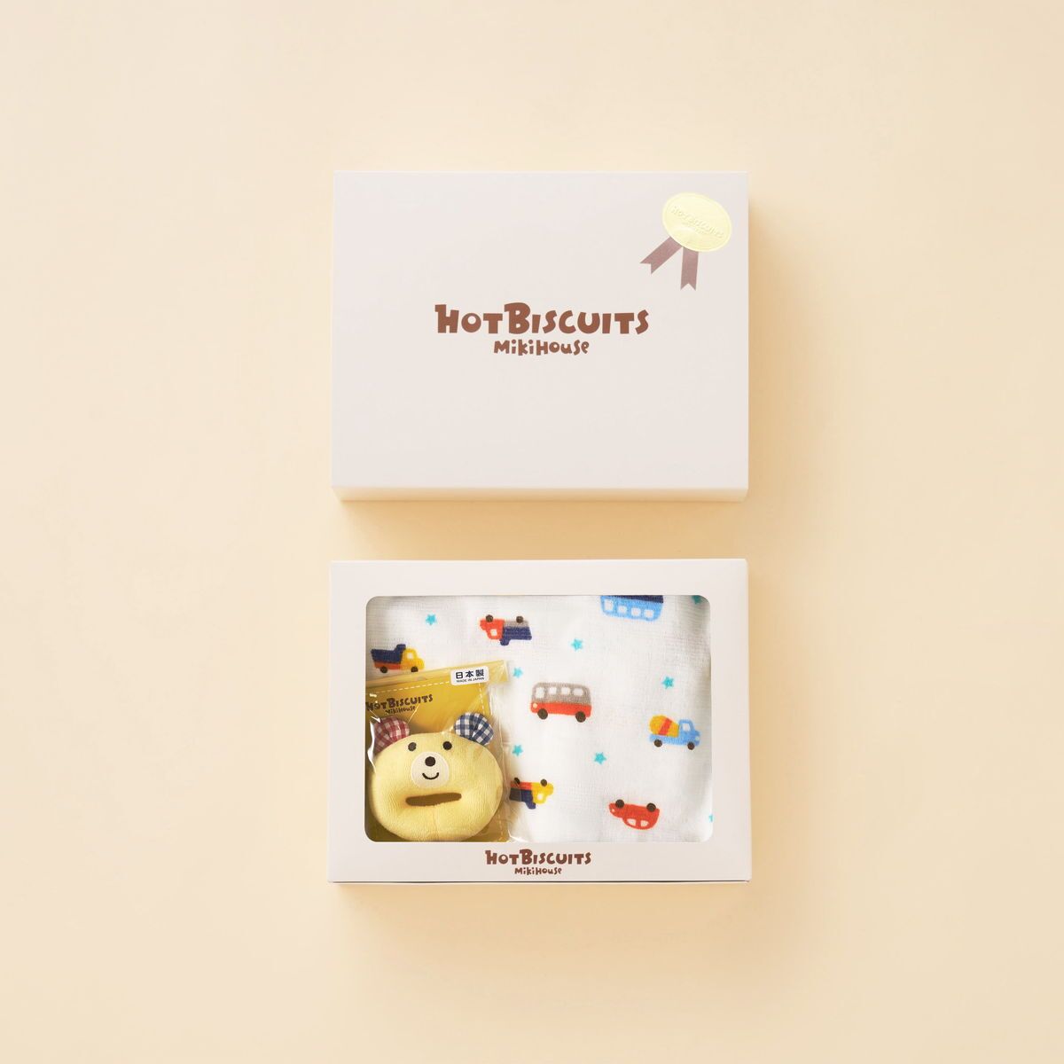 ミキハウスホットビスケッツ  ガーゼバスタオル&ラトルセット＜BOX付き＞ギフトラッピング　出産祝い　誕生日　お祝い　入園祝い　キッズ服　ベビー服