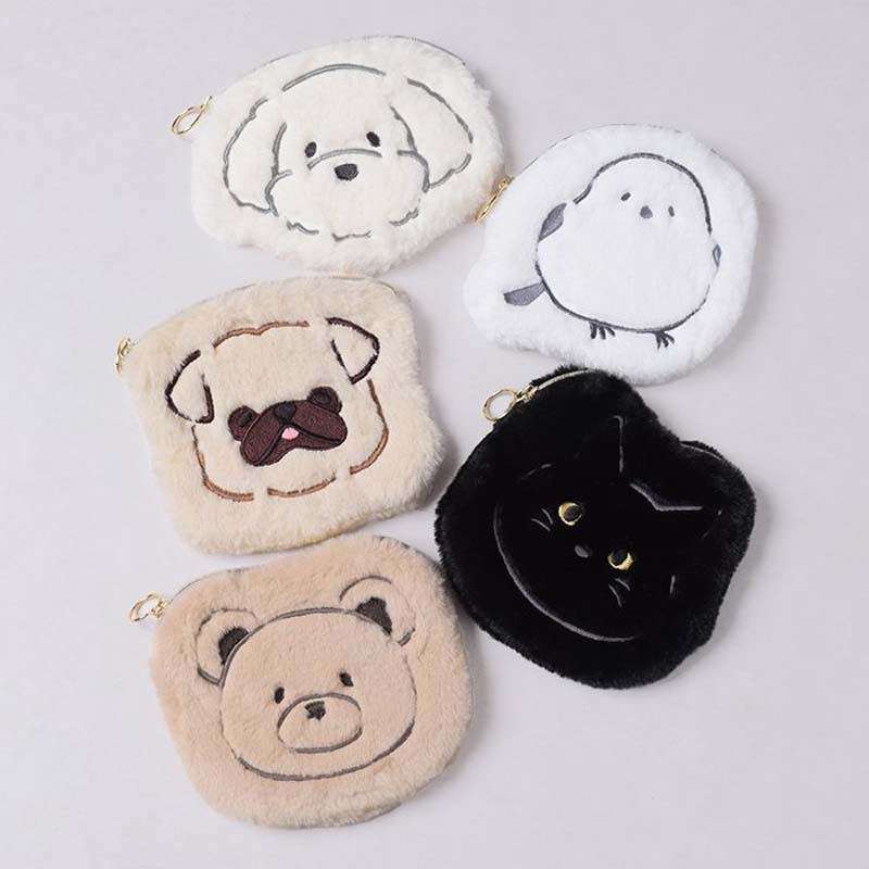 ポーチ もふもふ メイクポーチ アニマル ポーチ もこもこ アニマルフェイス かわいい アクセサリーポーチ ネコ 猫 トイプードル イヌ 犬 ふわふわ ねこ 刺繍 レディース 小物入れ 小銭 コインケース マルチーズ プレゼント フラットポーチ