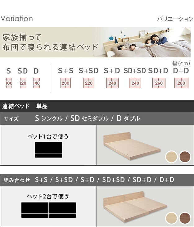 ベッド ロータイプ 連結 家族揃って布団で寝られる連結ローベッド-ファミーユ ダブルサイズ 同色2台セット ベッドフレームのみ ベッドフレーム ファミリーベッド 連結ファミリー 家族ベッド 親子ベッド 子供 フロアベッド 木製 宮付き おしゃれ 北欧