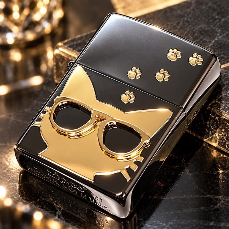 ZIPPO 猫 ライター サングラス 可愛い ジッポ ネコ ユニーク 足跡 ブラックニッケル キャット メタル貼り かわいい ねこ 金差し ゴールド レディース ギフト メンズ 女性 プレゼント