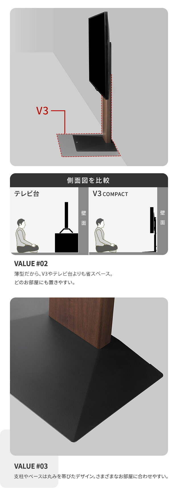 WALLインテリアテレビスタンドV3 COMPACT+棚板セット 24~55v対応 壁寄せテレビ台 TVスタンド 専用棚板 DVDレコーダー PS5 プレステ5 PS4 ミニ 小型 ホワイト 白 ブラック 黒 ウォールナット ブラウン ホワイトオーク