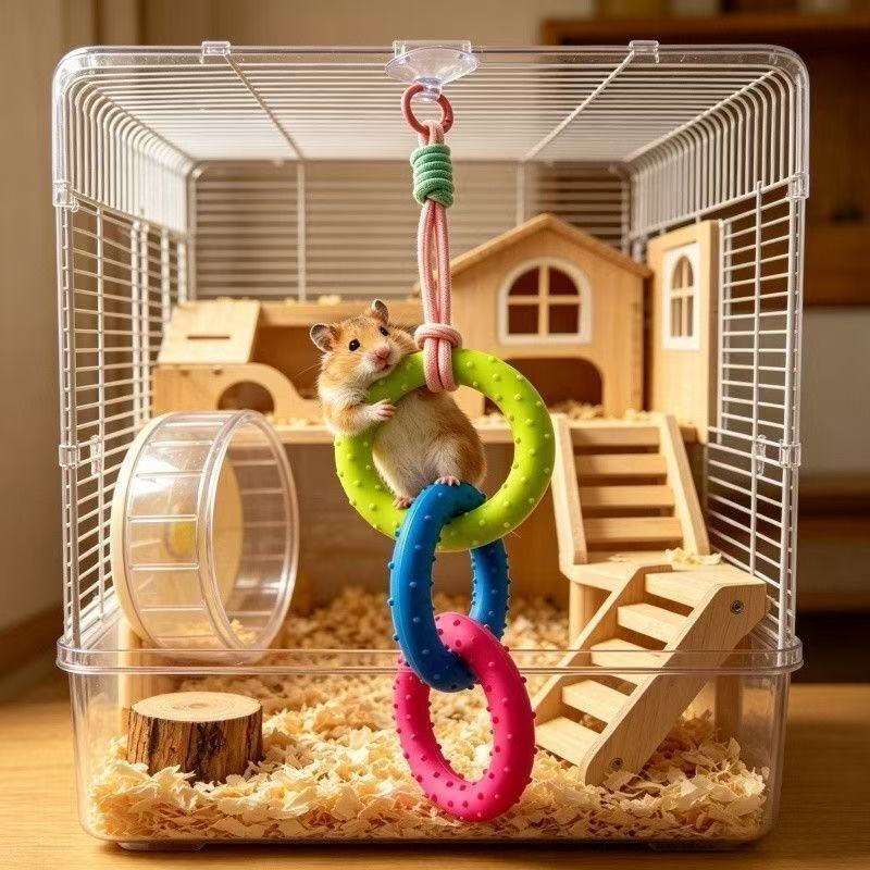 ハムスター おもちゃ 吊り下げ 3連リング ゴム製 小動物 おもちゃ リング 玩具 ケージ 吊り下げ玩具 運動 遊び道具 ストレス解消 ハムスター用品 小動物用品 ペット用品