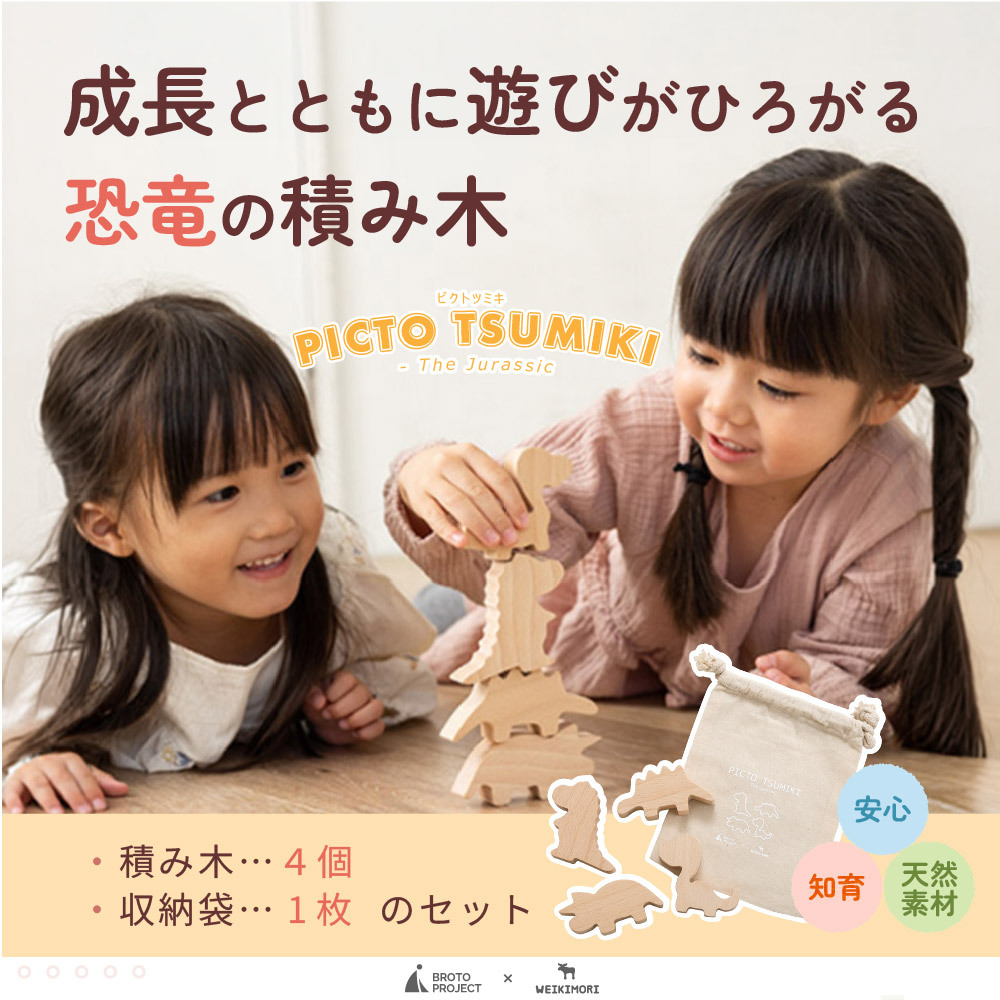 【名入れ】【かたち積み木】【出産祝い】【1歳誕生日プレゼント】【恐竜（ティラノサウルス・ステゴサウルス・トリケラトプス・ブロントサウルス）】【4個セット】木のおもちゃ/木製玩具/無塗装/ごっこあそび/収納袋入り/赤ちゃん/男の子/女の子 『ブロットプロジェクト|PICTO TSUMIKI - The Jurassic』