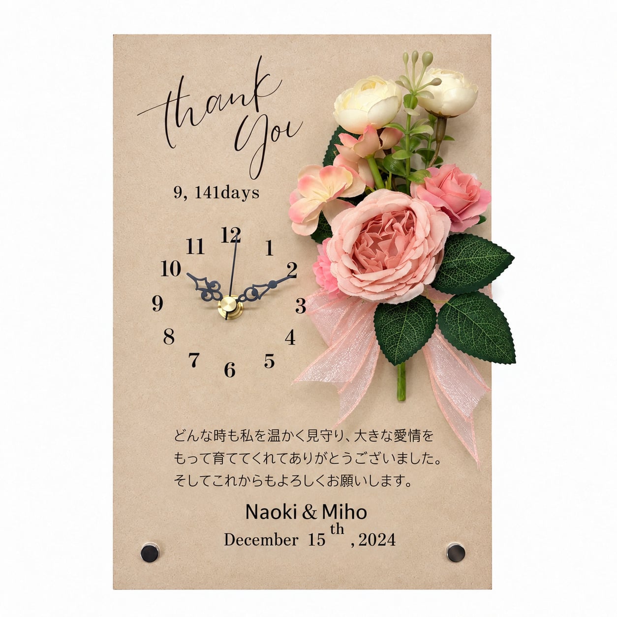 ◆花時計 【Wood Clock ウッドクロック 縦型・ホワイト/ライトピンク/ライトブルー/パープル/ ビタミンカラー】掛け時計・置時計 ハンドメイド 文字入れ・変更可能