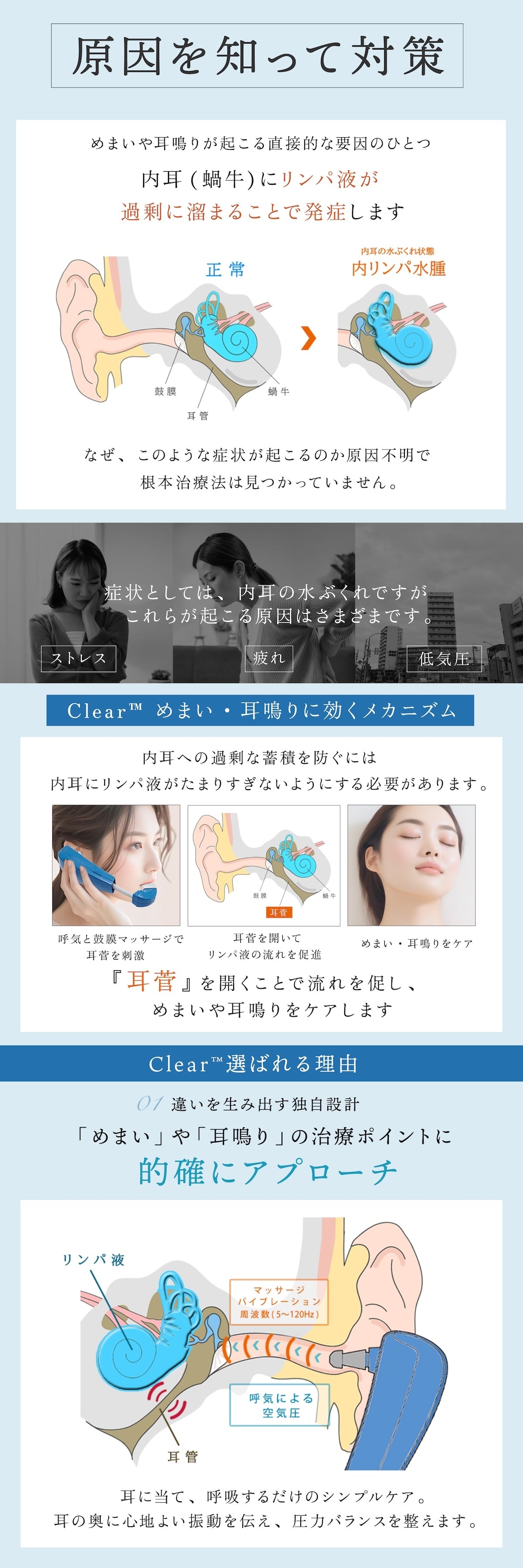 携帯用鼓膜按摩器 Clear クリア 管理医療機器 メニエール めまい 目眩 耳鳴り 鼓膜マッサージ 耳管通気 中耳加圧治療 突発性難聴 三半規管 気象病 振動 5〜250Hz 3段階 強度調節 片耳約3分 耳ケア コンパクト 携帯 持ち運び 家庭用 医療機器 セルフケア 6歳以上 正規品 Inspired Medical Japan