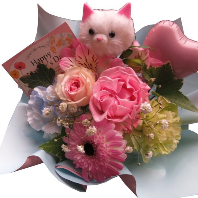 猫 入り フラワーアレンジメント 誕生日 デザイナーにおまかせ 生花使用 Sサイズ ねこ ネコ