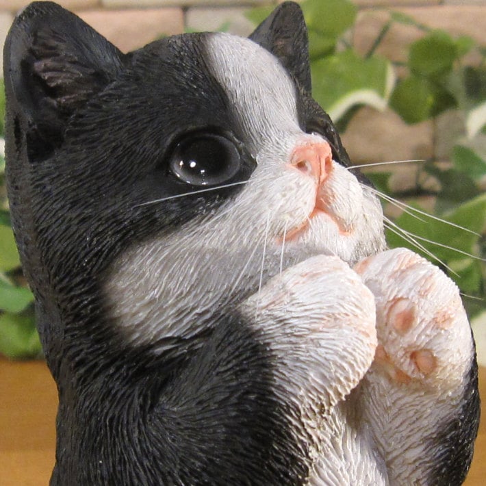 猫　置物 リアル　シンお願いキャット　１　ハチワレ　ネコ　動物オブジェ　ガーデン　オーナメント　店舗　カウンター　装飾　オブジェ　インテリア　玄関先　庭　ねこ好きさん人気ギフト　動物人気ギフト　クリスマスプレゼント　お誕生日祝い　母の日人気　父の日人気　敬老の日人気