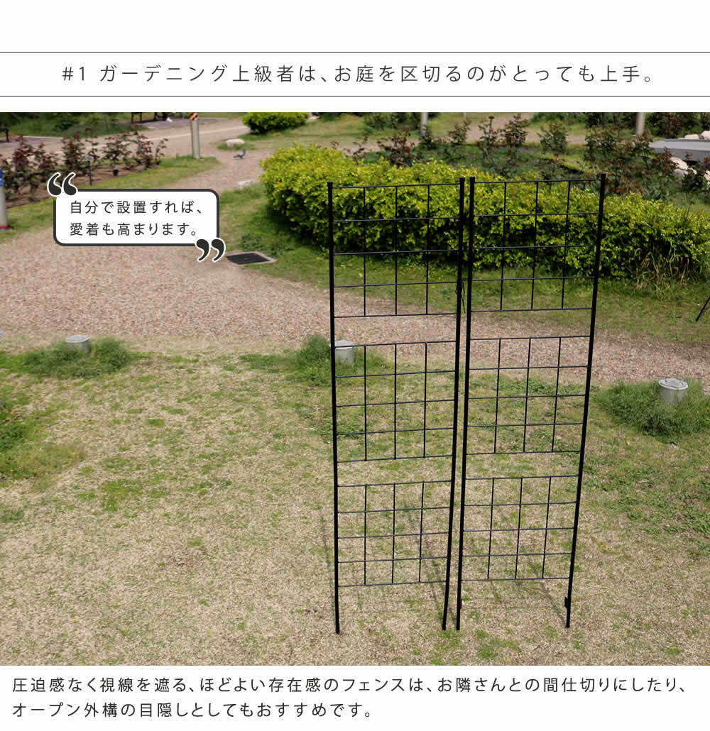 アイアンフェンス 高さ176cm 幅42cm 2枚セット ガーデンフェンス スリム 地面に挿す トレリス つる植物 薔薇 バラ クレマチス 朝顔 グリーンカーテン 園芸 柵 仕切り 格子 アンティーク ブラック 屋外 ベランダ プランター グラフ 花壇用