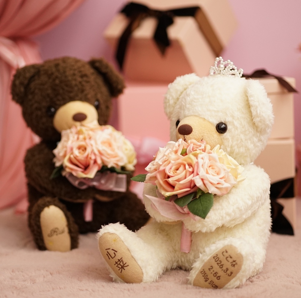 花束ココ体重ベア2体セット｜ブーケを持つウェディングペアギフト｜結婚式の両親贈呈品に
