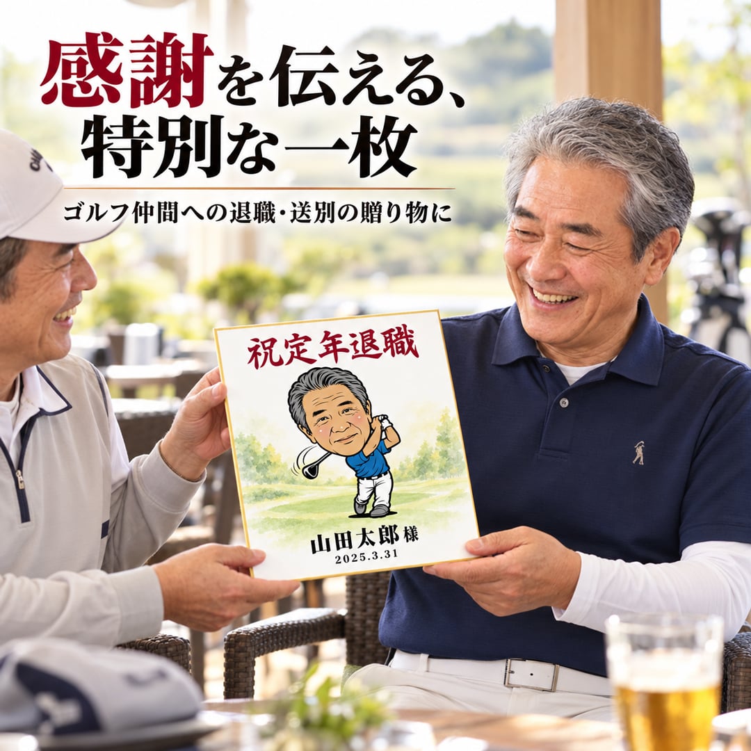 似顔絵 色紙 寄せ書き ゴルフ 写真から作る オーダーメイド 選べる2タイプ 2種類のゴルフポーズ 選べる3種類の似顔絵タッチ 名入れ 退職祝い 還暦祝い ホールインワン記念 送別会 上司 ゴルフ好き プレゼント ギフト