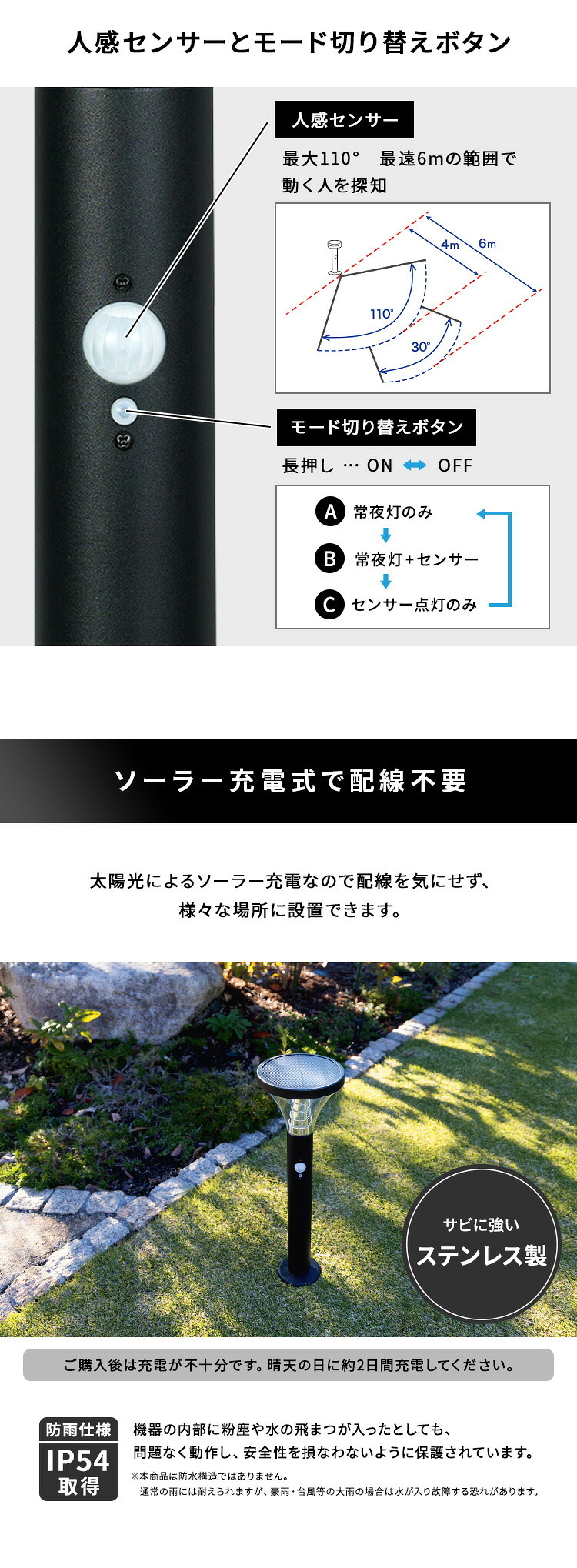 ガーデンソーラーライト 工事不要 ガーデンソーラーセンサー 7.5W角型 ソーラー発電 メンテナンス不要 点灯モード 自動点灯 センサー機能 防犯対策 ステンレス製 錆に強い 屋外ライト ガーデンライト 防犯ライト 太陽光 太陽光発電 ソーラー照明 庭 新生活