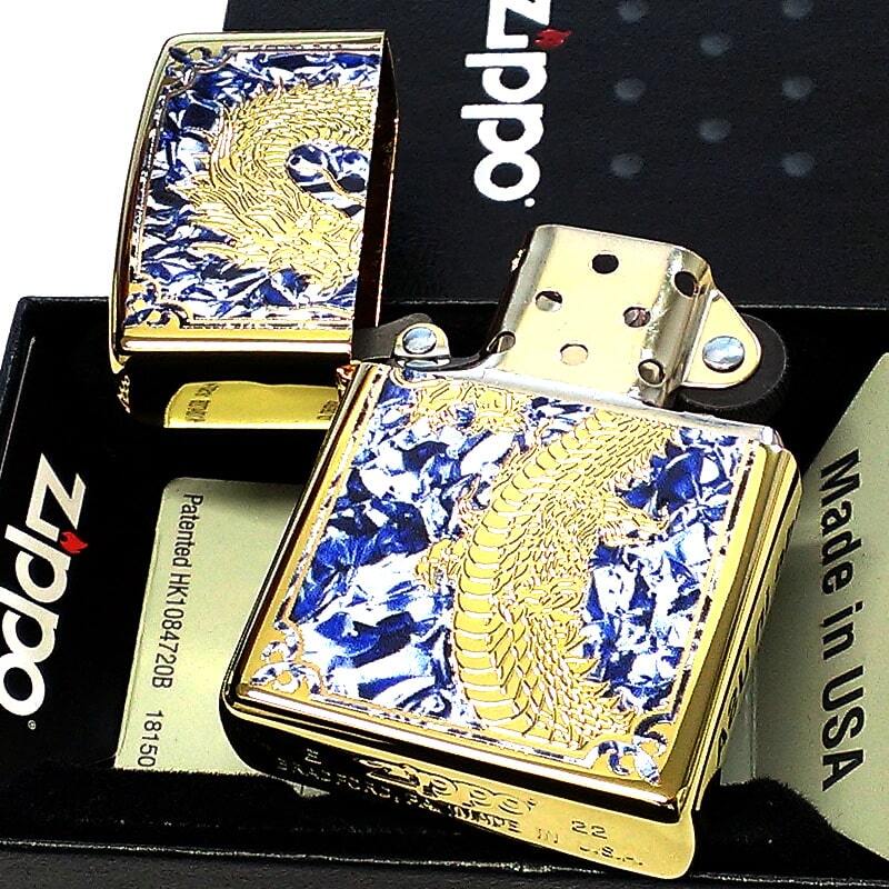 ZIPPO ライター 限定88個 レアナンバー [No.77] 一点物 廃盤 龍 ジッポ ドラゴン かっこいい 彫刻 金タンク ゴールド ブルー＆ホワイト シリアルナンバー入り 絶版 両面加工 竜 八 和柄 御守り メンズ ギフト プレゼント