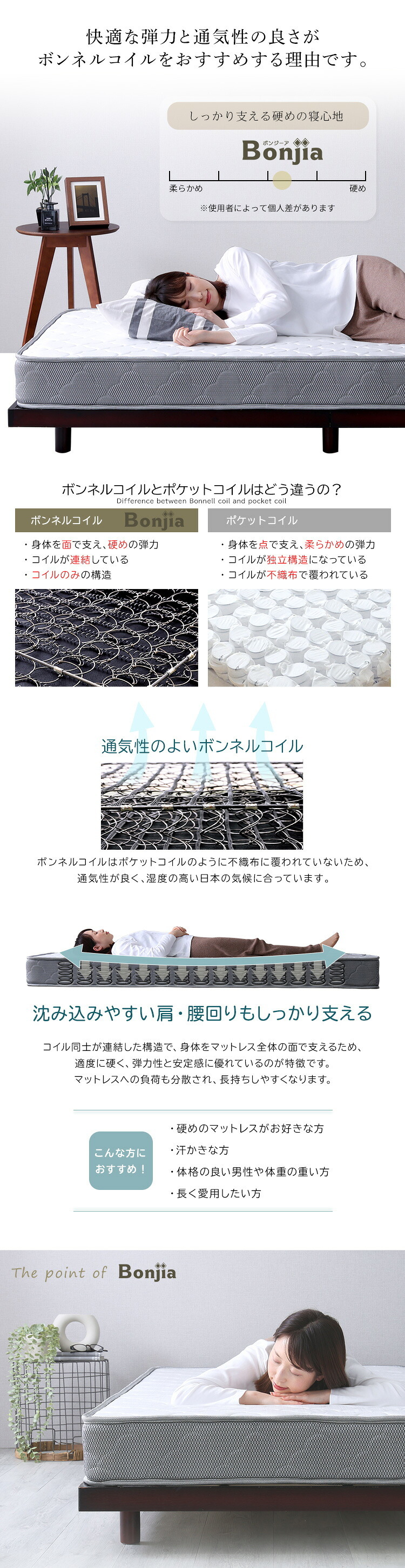ボンネルコイルマットレス【Bonjia-ボンジーア-】セミシングルサイズ 高反発 高弾性 通気性 高通気 高品質 厚み15cm 耐久性 硬め ヘム加工 ノンホルムアルデヒド 寝具 敷きマット 寝具マット マットレス寝具 寝具用品 寝室用品 インテリア