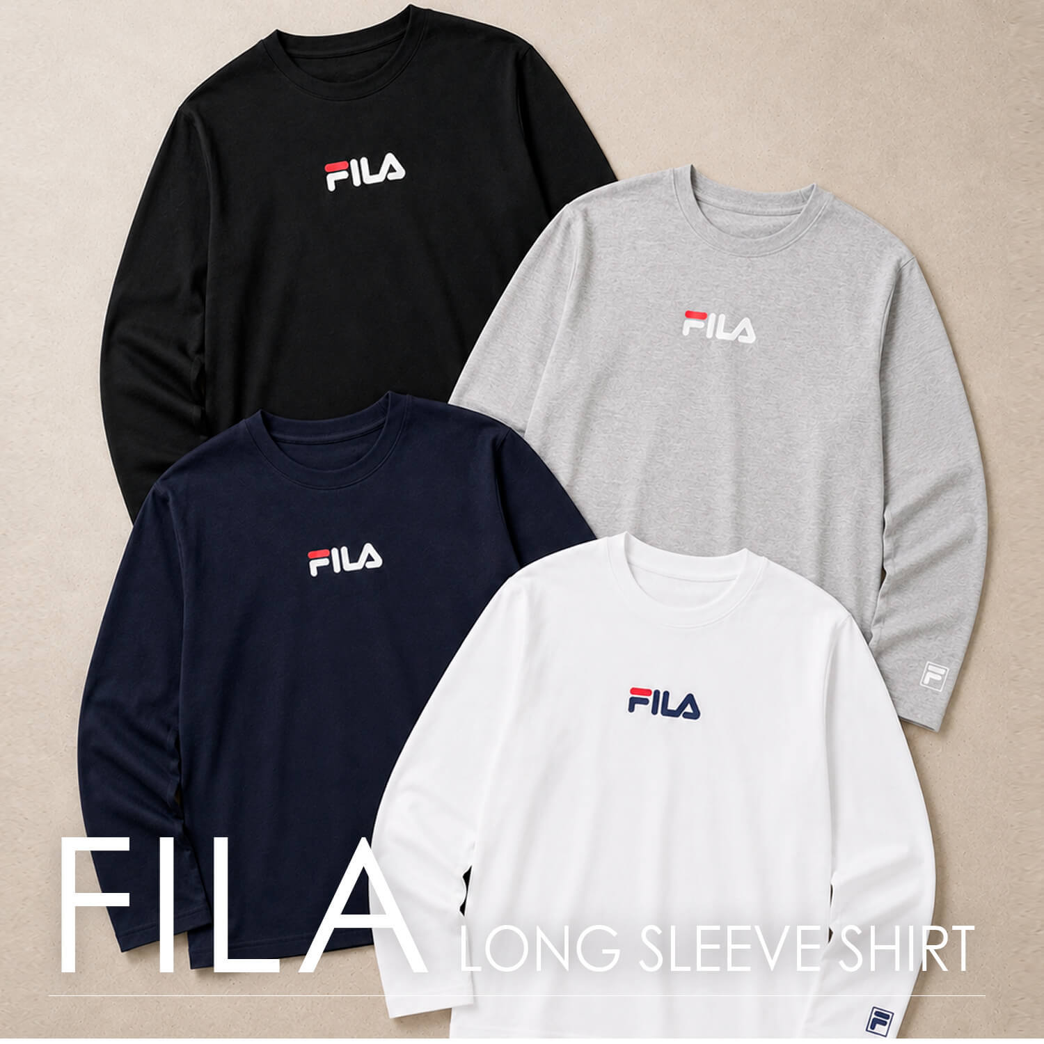  FILA フィラ Tシャツ メンズ 長袖 クルーネック 丸首 カットソー ロンT ブランド ロゴ プリント 無地 シンプル 綿混 おしゃれ  ゆったり 大きいサイズ  M L LL 3L 黒 白 紺 中学生 高校生 karlas