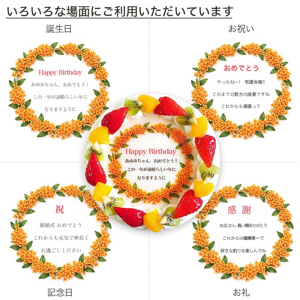 アレルギー対応 卵不使用 誕生花ケーキ メッセージ入りフルーツ三種生クリーム 6号 バースデーケーキ 誕生日ケーキ 7～10名様用 卵アレルギー 花束 感謝状 サプライズ 冷凍