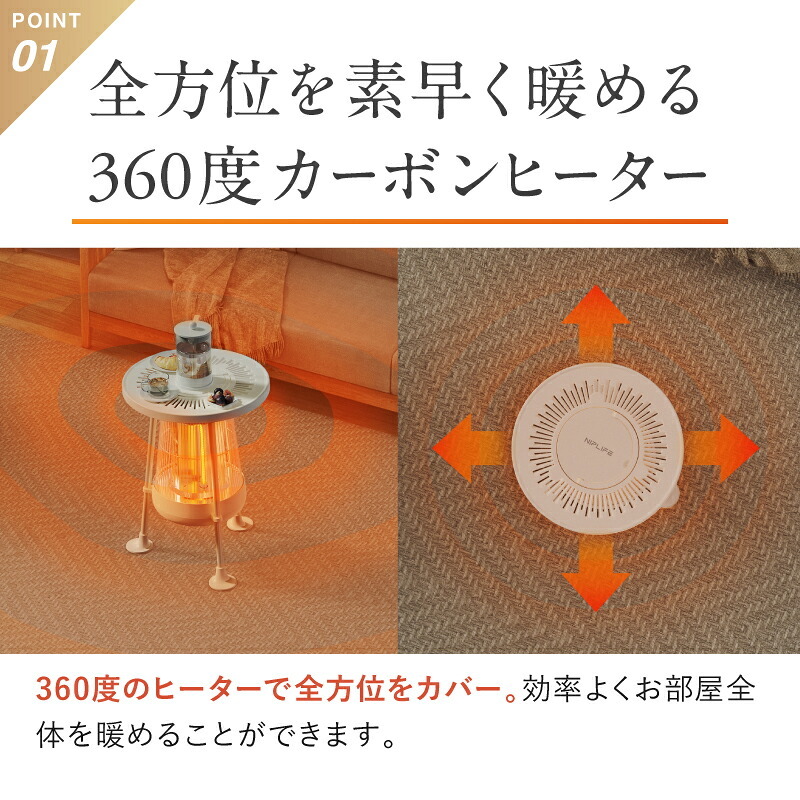 電気ヒーター NUKUREA ヌクレア 3秒即暖 360度 カーボンヒーター 遠赤外線 無風 400W 800W 2段階温度調節 飲み物保温 シルバープレート 転倒時加熱停止 取っ手付き 足元暖房 テーブル型 リビング ダイニング デスク 一人暮らし 冬家電 プレゼント ギフト