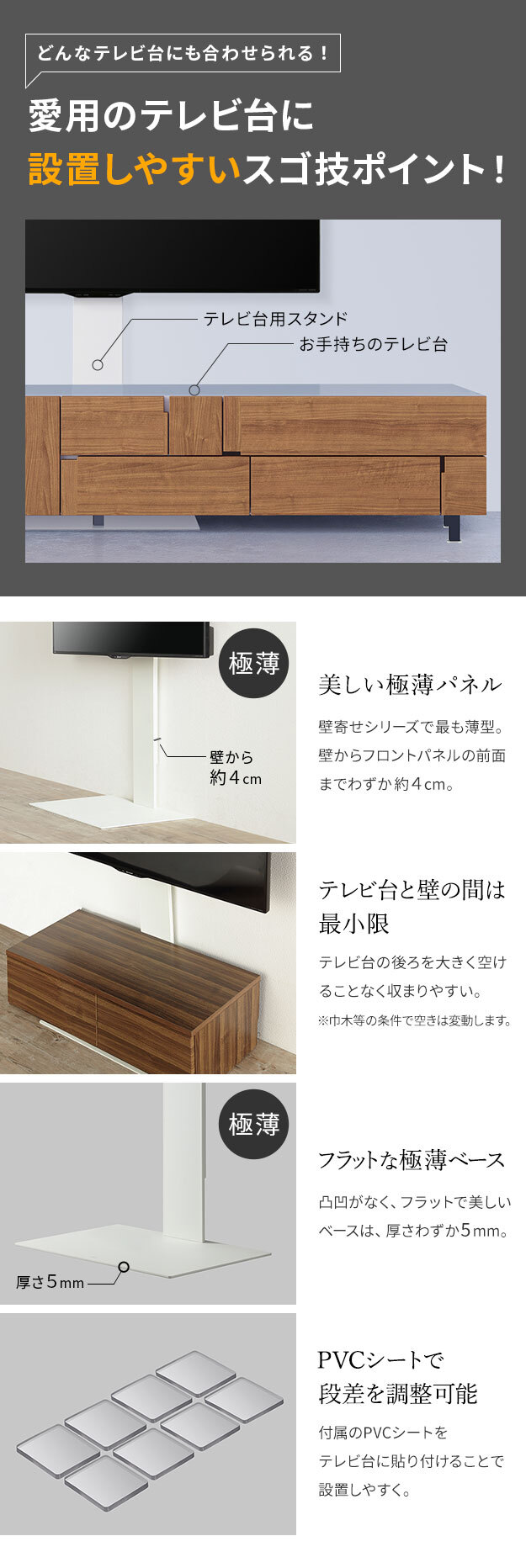 WALLインテリアテレビスタンド テレビ台用スタンド 32～65v対応 壁寄せテレビ台 TVスタンド 背面収納 コード収納 ホワイト 白 震度7耐震試験済み 新生活