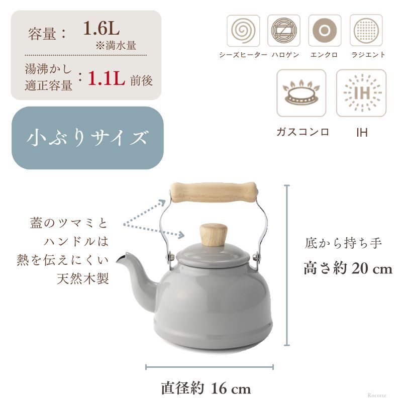 やかん 小さい おしゃれ 富士ホーロー ケトル ホーロー IH ガス 直火 可愛い 小型 少量 少人数 コットン 1.6L 白 ホワイト ライトグレー アッシュピンク スモークブルー  CTN1.6K AP LG SB W ギフト ラッピング 一人暮らし