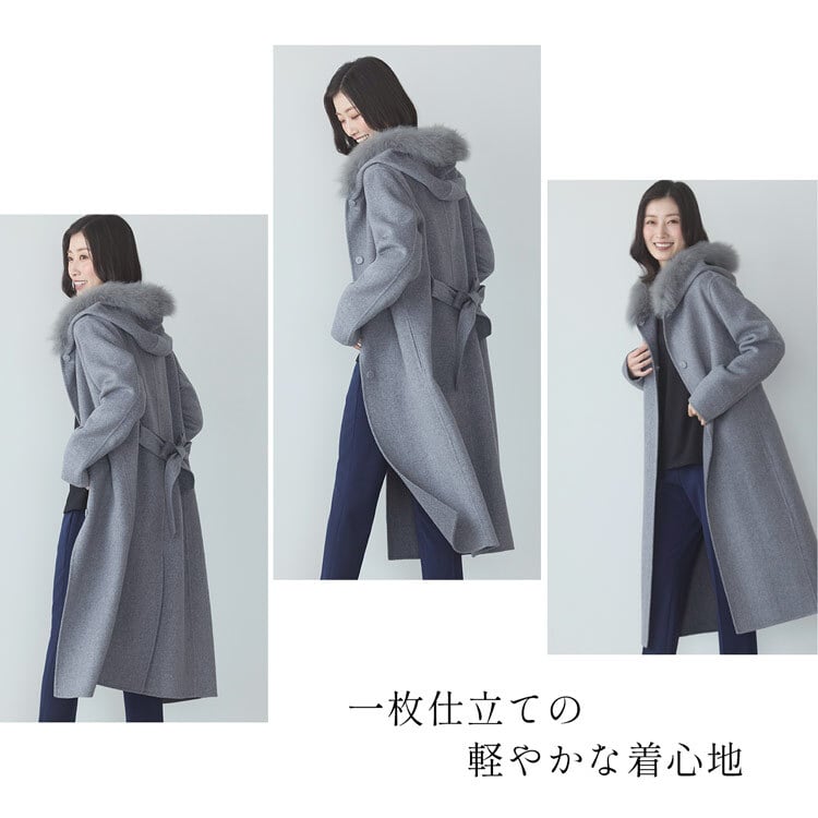カシミヤ ブレンド ウール ロング コート ダブルフェイス フォックス ファー付き 110cm 比翼 一枚仕立て アウター フード付き ネイビー/ライトグレー/ブラック/9号/11号/13号 Filomo (02000227r)