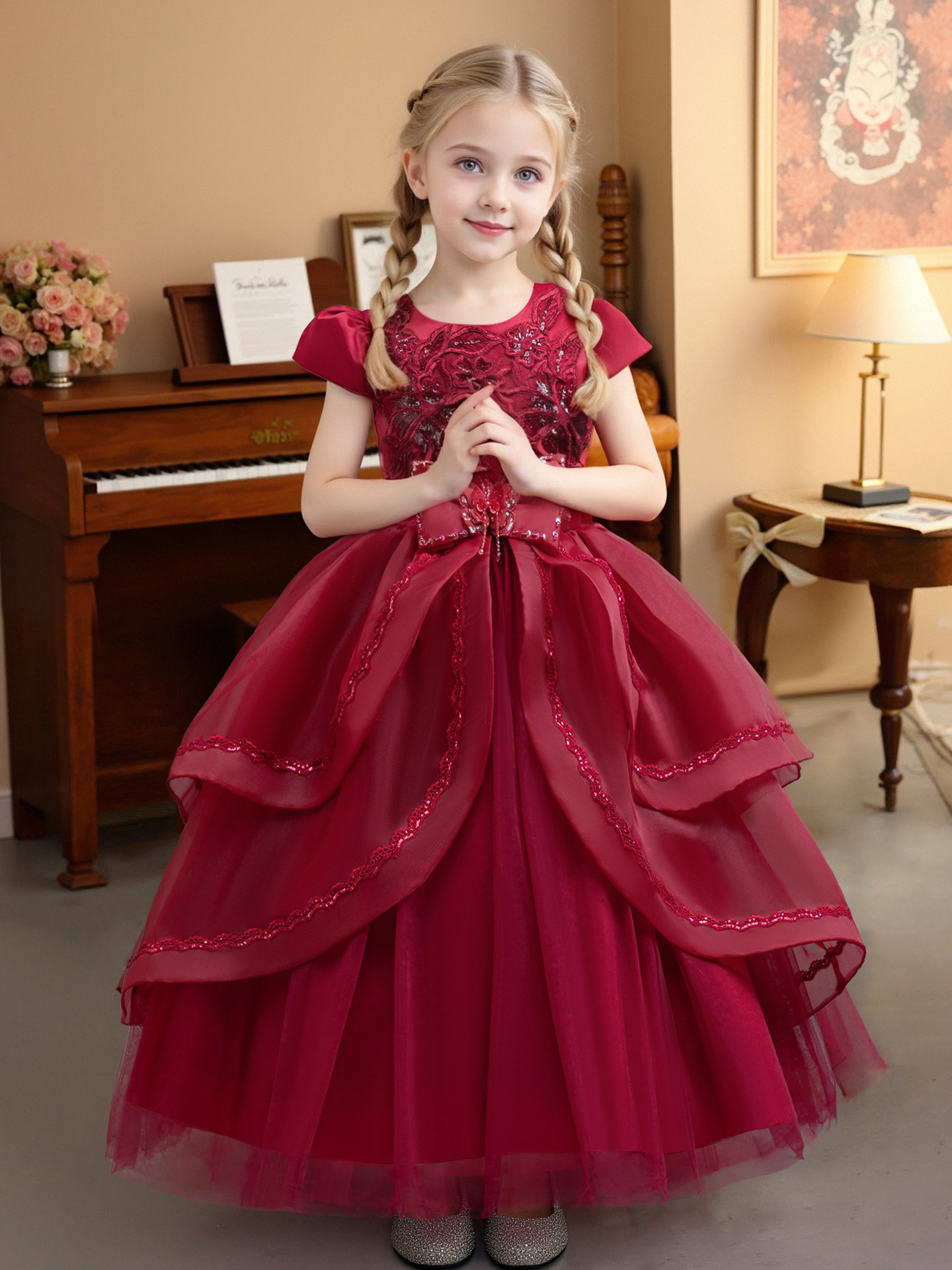子供ドレス キッズ フォーマルドレス プリンセスドレス 女の子　子どもドレス　ロング丈　 発表会 結婚式 誕生日 七五三 110～160cm ピンク　ダークピンク　ホワイト　ワインレッド　リボン レース