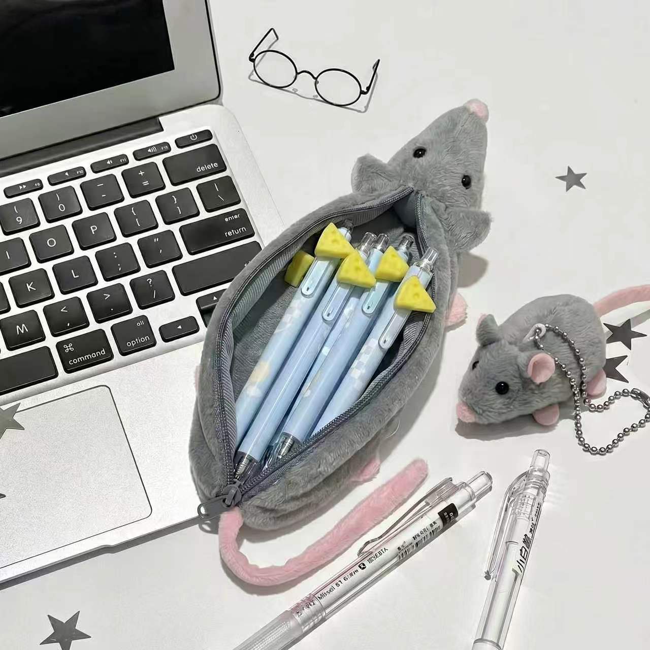 ネズミ ペンケース ぬいぐるみ ふわふわ アニマル 筆箱 メガネ付き かわいい 文房具 小物入れ ペンポーチ 学生 男の子 女の子 持ち運び プレゼント ギフト