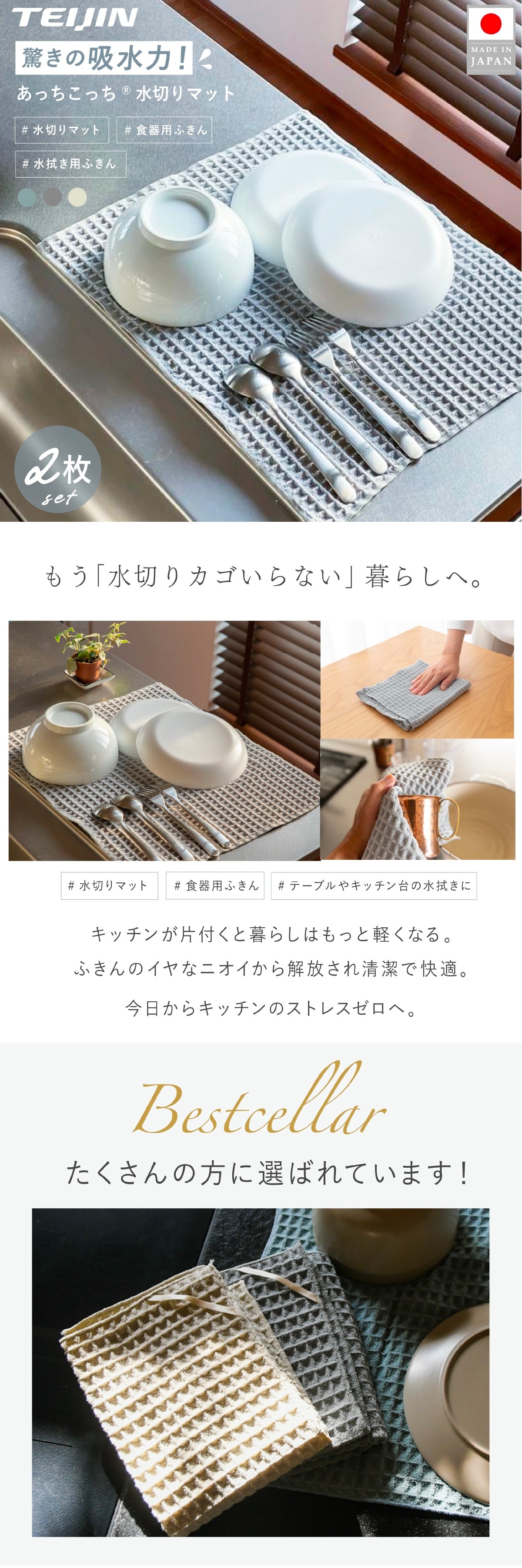 水切りマット 2枚セット テイジン あっちこっち水切りマット 40×45cm 日本製 帝人 ミクロスター 吸水 速乾 抗菌 洗える 大判 水切りカゴ代わり 水切りラック代わり 食器 コップ 水筒 保存容器 キッチン 吸水マット ワッフル 薄型 省スペース 洗い替え くすみブルー グレー アイボリー 新生活 引っ越し祝い プレゼント ギフト