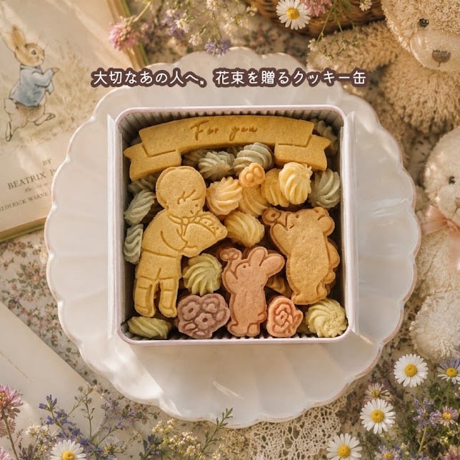 クッキー缶/きみと季節のとなりに「花束」(クッキー クッキー缶 メッセージ 洋菓子 お菓子 スイーツ 焼き菓子 誕生日 記念日 お祝い 内祝い 結婚 出産 送別 入学 卒業 バースデー プレゼント ギフト 贈り物 手土産 かわいい 可愛い おしゃれ 動物 バレンタイン ホワイトデー 門出 くま うさぎ 詰め合わせ 退職 引っ越し 母の日 友達 孫 子供 女性 彼女 妻 母 娘 甥っ子 姪っ子) 