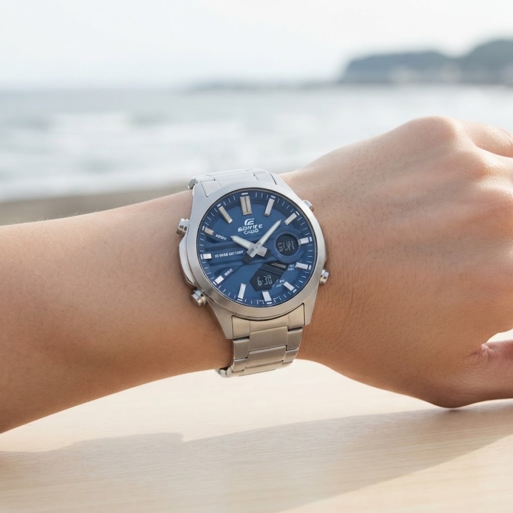 カシオ エディフィス 腕時計 メンズ ブルー シルバー アナデジ CASIO EDIFICE 海外モデル 10年電池 100m防水 ワールドタイム ストップウォッチ タイマー メタル 多機能 プレゼント ギフト 成人 卒業 入学