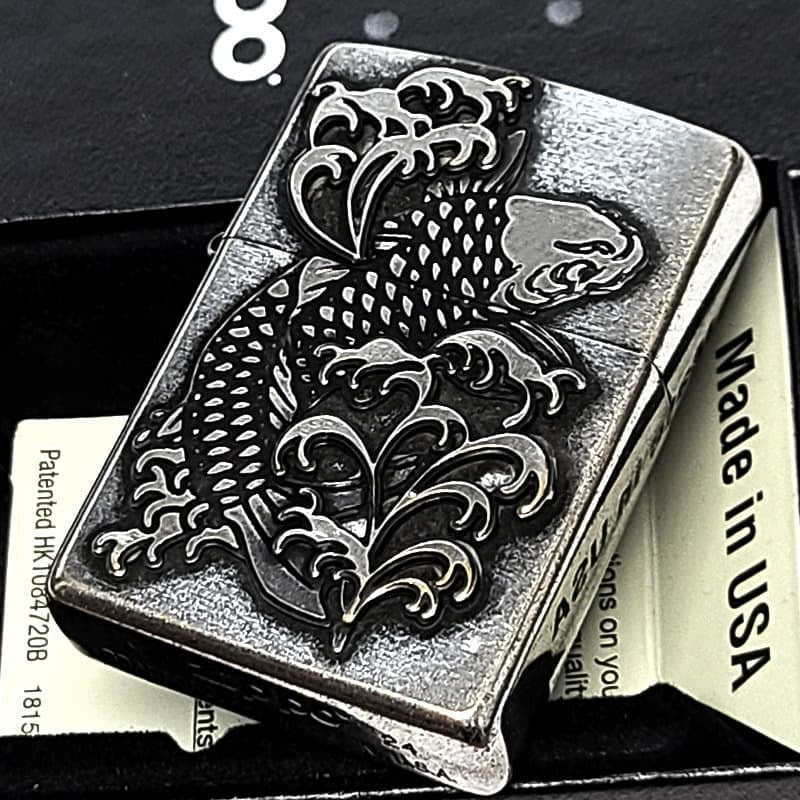 ZIPPO ライター メタル重ね貼り アンティークシルバー 鯉 ジッポ クロームバレル カープ 和柄 日本 おしゃれ かっこいい メンズ 渋い ギフト プレゼント
