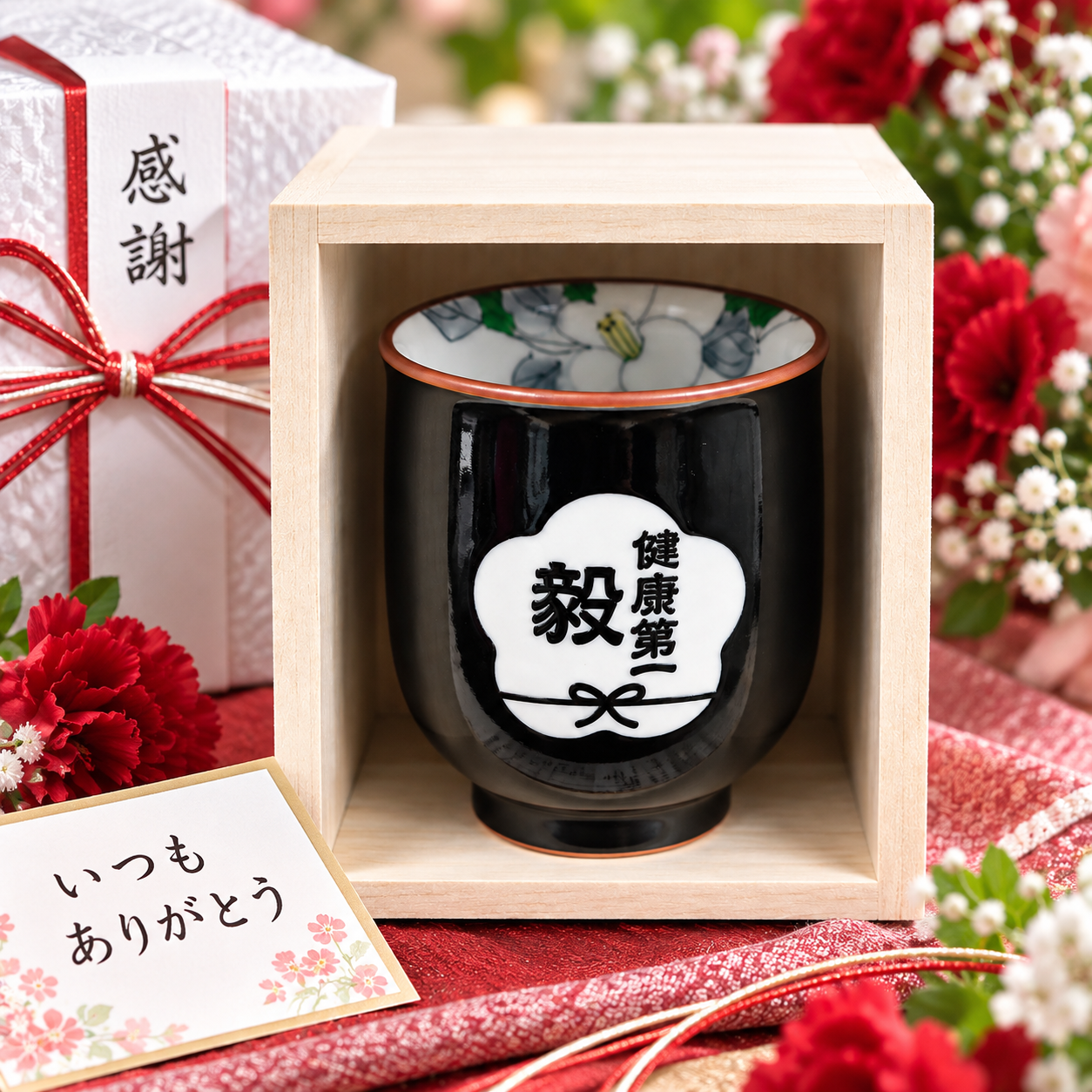 敬老の日 退職 名入れ ギフト SXX 波佐見焼 湯呑 内椿 単品 木箱入り / プレゼント ギフト 退職 記念 誕生日 還暦 緑寿 長寿 祝い 赤 緑 選べるカラー
