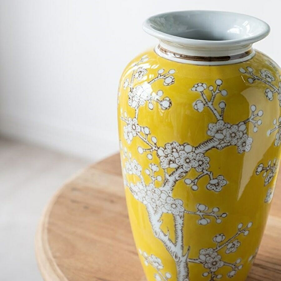 シノワズリ 壺 高さ27cm 縦型 イエロー 磁器 ジャー 花びん 花瓶 花器 ディスプレイ 置物 風水 開運