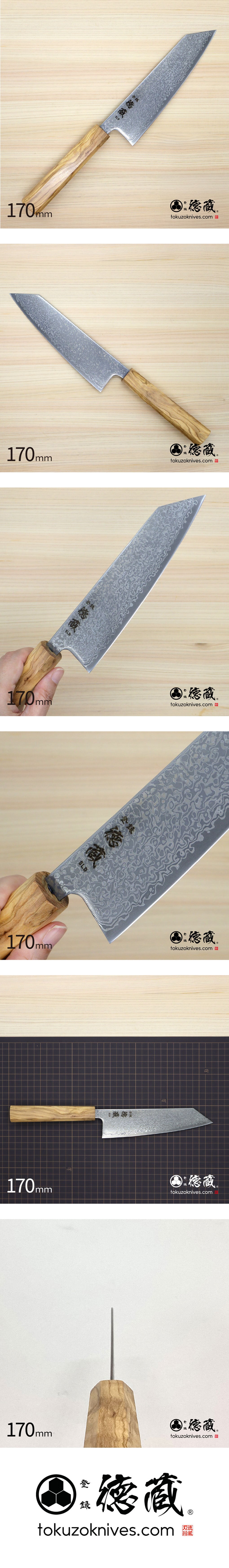 切付三徳ステンレス包丁　170mm SLD ダマスカス オリーブ八角柄 黒染仕上げ 日本製 徳蔵刃物 【TOKUZO KNIVES】 JAPAN Kitchen Knives 包丁 ほうちょう ホウチョウ 切れ味 家庭用 万能 両刃 お手入れ簡単 錆に強い プレゼント ギフト 贈り物 一生モノ INOX・イノックス