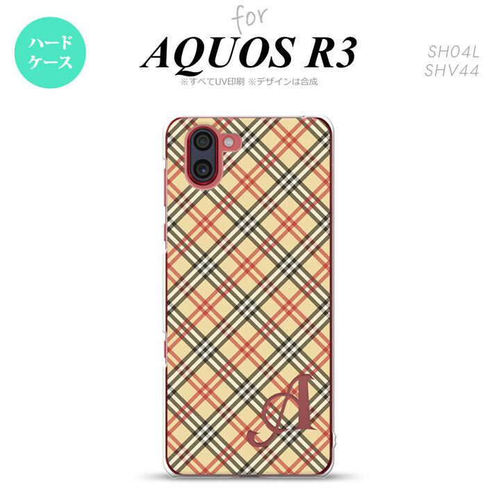 SH-04L SHV44 R3 AQUOS R3 スマホケース カバー チェック A ベージュ 赤 +アルファベット nk-r3-445i