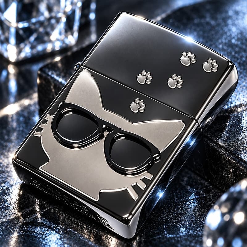 ZIPPO ねこ ライター サングラス 足跡 ジッポ 猫 かわいい ユニーク ブラックニッケル 銀差し キャット メタル貼り ネコ 女性 シルバー 黒 レディース ギフト メンズ プレゼント