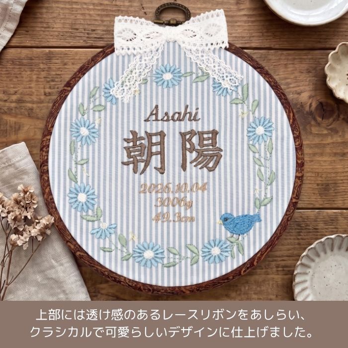 命名書 刺繍 刺しゅう おしゃれ 男の子 女の子 フレンチガーリー ストライプ とり ブルー 北欧 丸型 メモリアル刺繍フレーム オーダー 名前 箱 かわいい 可愛い 送料無料 名前旗 命名式 ベビー 名入れ お七夜 お宮参り 100日記念 七五三 節句 誕生日 出産祝い 英語
