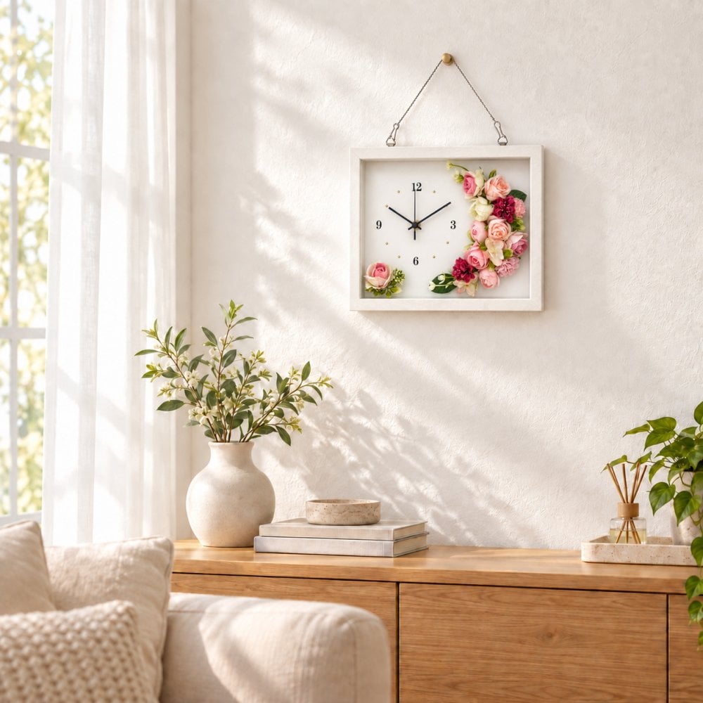 ◆花時計 ラージサイズ【BOX FLOWER フルール・クレセント】（ピンク） 置時計 （掛時計オプション有り） ハンドメイド 文字入れ可能